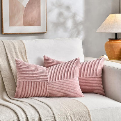 Fancy Homi 2 Packs Blush Pink Lumbar Decorative Throw Pillow Covers 16x28 Inch for Living Room Couch Bed, Rustic Farmhouse Boho Home Decor, Soft Striped Corduroy Rectangle Accent Cushion Case 40x70 cm
