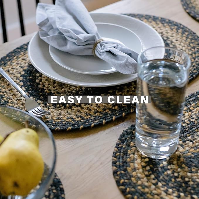 Homespice Kilimanjaro Premium Jute Braided Placemat Set of 4-10x15 Rectangular Black Reversible, Natural Jute Yarn Rustic, Country, Primitive, Farmhouse Style