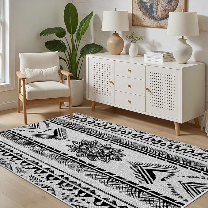 Area Rugs Moroccan for Living Room 3x4, Washable Non-Slip Boho Rug, Neutral Farmhouse Soft Carpet for Bedroom, Kitchen, Dining Room, Entryway, Geometric Print Tribal Carpets, Black and White