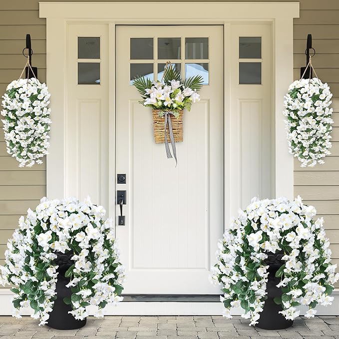 Sggvecsy Artificial Fake Hanging Flowers Plants for Outdoor Outside Spring Summer Decoration 4PCS Faux Silk UV Resistant Realistic Morning Glory Trailing Vines for Home Porch Patio Balcony(White)