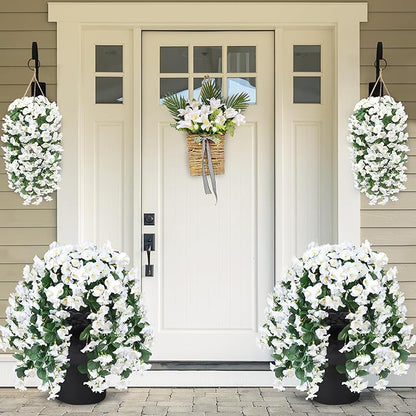 Sggvecsy Artificial Fake Hanging Flowers Plants for Outdoor Outside Spring Summer Decoration 4PCS Faux Silk UV Resistant Realistic Morning Glory Trailing Vines for Home Porch Patio Balcony(White)
