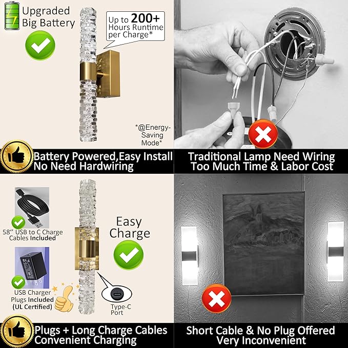 Battery Powered Crystal Wall Lights Set of 2 Rechargeable with Remote and Timmer | Small Gold Crystal Rod Wall Sconces Decor Vanity Lights for Bathroom Living Room Bedroom (2 Pack, Gold, 13.2'')