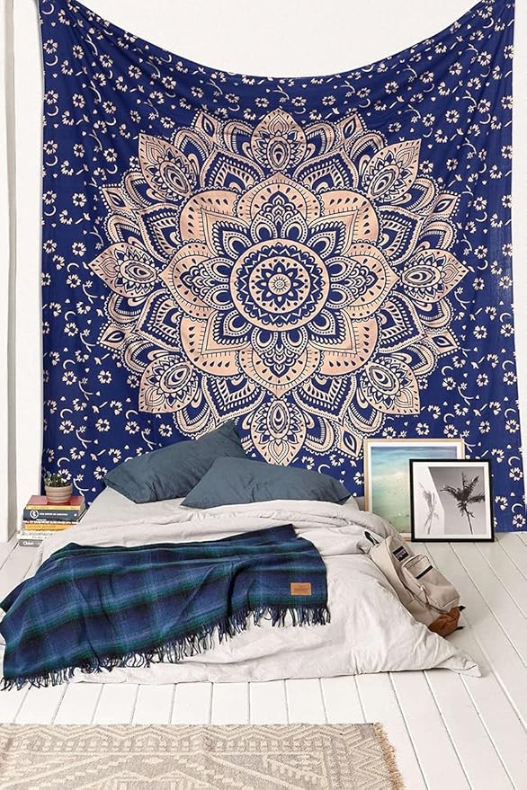 Rajsee Blue Gold Mandala Tapestry - Bedroom Aesthetic - Indie Boho Trippy Large Wall Hanging - 82x92 Inches
