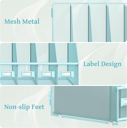 SUPEASY Desk Organizers Metal Desk Magazine File Holder with 5 Vertical Compartments Rack File Organizer for Office Desktop, Home Workspace, Blue