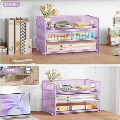 Subekyu 3 Tier Letter Tray Paper Organizer with Handle and 1 PC Sliding Tray, Purple Metal Mesh Desk File Folder Paper Sorter Organizer for Home Office School Desk Supplies Organization Storage