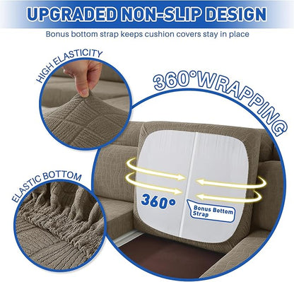 MAXIJIN Waterproof Couch Cushion Covers Stretch Sofa Seat Slipcovers Washable，Sectional Outdoor Cushion Covers with Elastic Bottom for Dogs Pets Kids (3 Pc Cushion Cover, Khaki)
