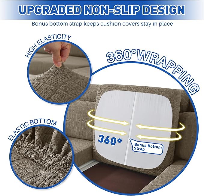 MAXIJIN Waterproof Couch Cushion Covers Stretch Sofa Seat Slipcovers Washable，Sectional Outdoor Cushion Covers with Elastic Bottom for Dogs Pets Kids (1 Pc Cushion Cover, Khaki)