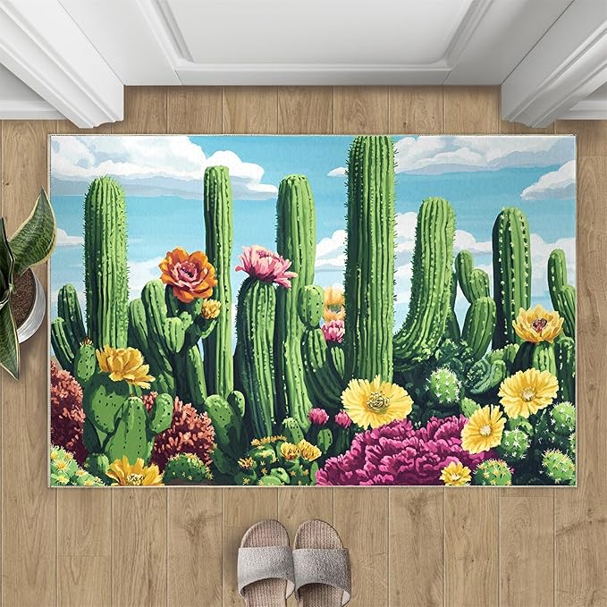 Cactus Living Room Rugs, Desert Oasis Area Rugs 3x5 Rug Succulents Non-Slip Washable Rugs Stain Resistant Rug Low-Pile Throw Rug for Bedroom Dining Room Office