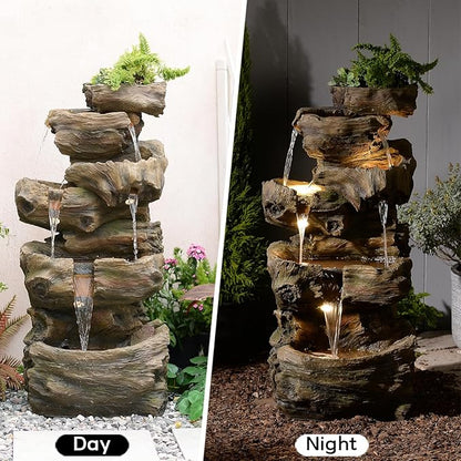 40" H Outdoor Water Fountain with 5 Tiers Large Cascading Realistic Tree Trunk Waterfall Fountains with LED Lights Outdoor Water Fountain for Garden Patio Backyard Porch Home Decor
