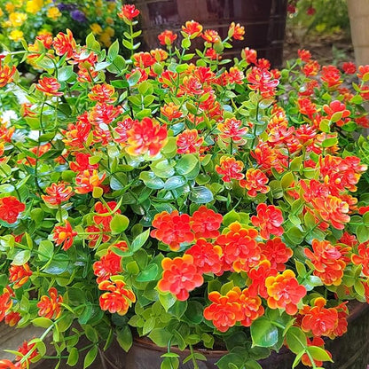 12 Bundles Artificial Flowers for Outdoors, UV Resistant Fake Flowers with Plastic Plants, Faux Flowers for Outside Window Box Front Porch Hanging Planter Decor(Orange Red)