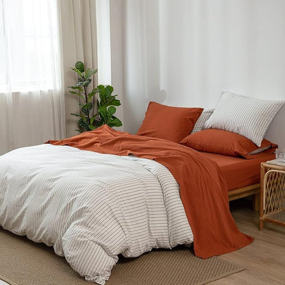 MooMee Bedding Sheet Set 100% Washed Cotton Linen Like Textured Breathable Durable Soft Comfy (Solid Rust Brown, Queen)