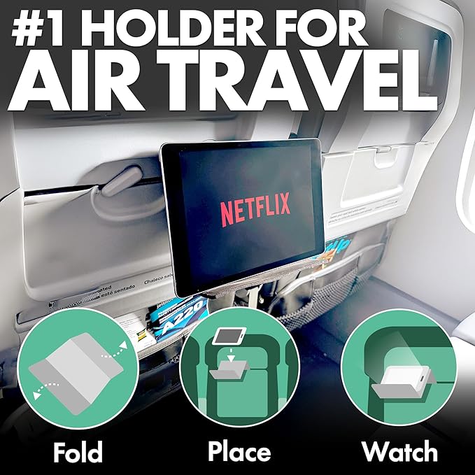 Airplane Tablet Holder, Flexible Cell Phone and Tablet Holder Extra Large 12x7”, Folding Cellphone Stand for Desk, Kindle, Bed, Airplane Gadgets Long Travel Essentials (Black)