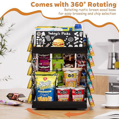 Chip Rack Display Stand, 6 Tiers 50 Clips Snack Organizer, 360° Rotating Wood Base Candy Display Rack, Portable Retail Display Shelf for Countertop, Office, Store, Kitchen, Party