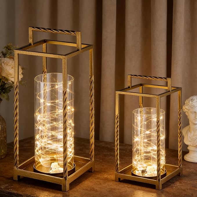 Set 2 Modern Metal Lantern with Twisted Rope-style Frame In Antique Brass with Glass Hurricane For Pillar, String Light. Centerpiece, Mantel, Ambient Lighting, Farmhouse, Transitional, Patio, Entryway