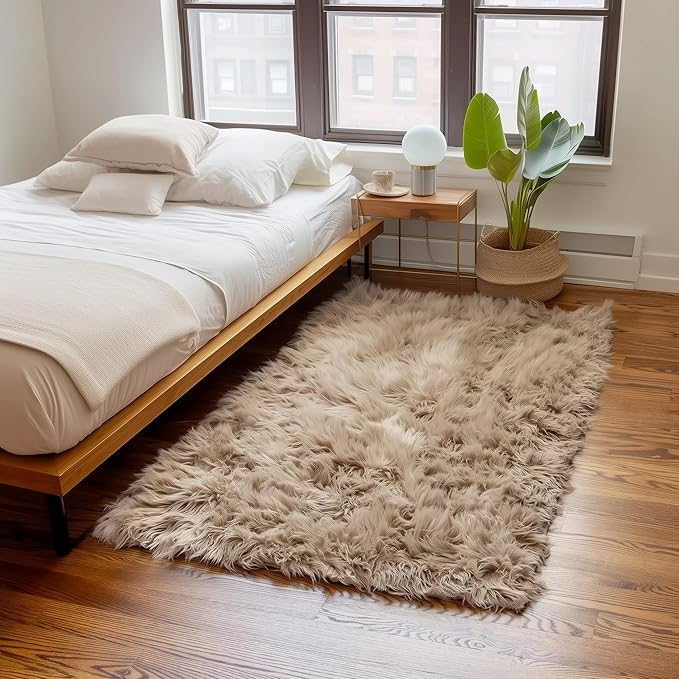 Super Area Rugs Ultra Soft & Fluffy Faux Sheepskin Rug, Light Brown 3 x 5 Feet Carpet for Bedroom Living Room