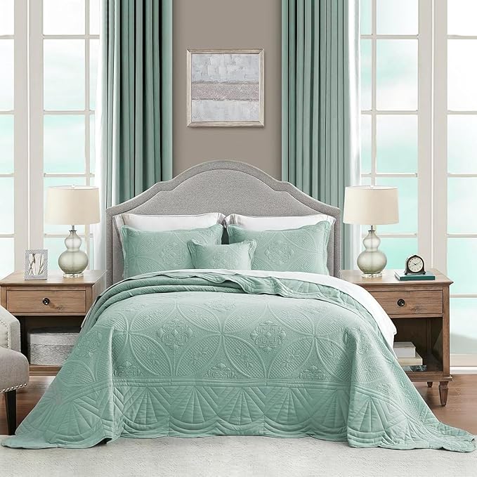 Oversized Bedspread - King Size Bedding Cover - Modern & Contemporary Coverlet Set, Real Stitching, Reversible, Lightweight, 5 Piece, Seaglass