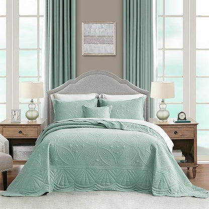 Oversized Bedspread - King Size Bedding Cover - Modern & Contemporary Coverlet Set, Real Stitching, Reversible, Lightweight, 5 Piece, Seaglass