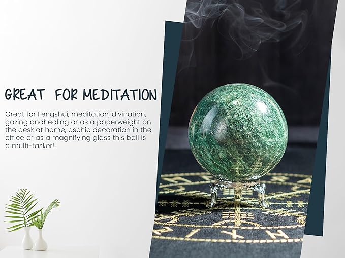 Crocon 35mm Green Aventurine Stone Sphere Ball with Metal Stand 1400+ Carats Gemstone Ball Healing Sphere Sculpture Figurine for Fengshui Divination Home Decoration Photography Crystal Sphere