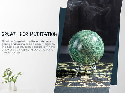 Crocon 35mm Green Aventurine Stone Sphere Ball with Metal Stand 1400+ Carats Gemstone Ball Healing Sphere Sculpture Figurine for Fengshui Divination Home Decoration Photography Crystal Sphere