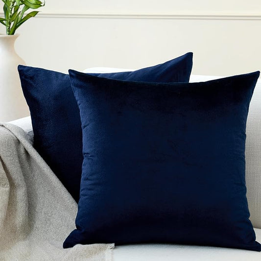 Encasa XO Velvet Throw Pillow Covers 20x20 in (50x50 cm) - Navy Blue - No Inserts, Pack of 2 Cases | Solid Plain Dyed Soft & Smooth, Square Decorative Cushion Covers for Living & Bedroom
