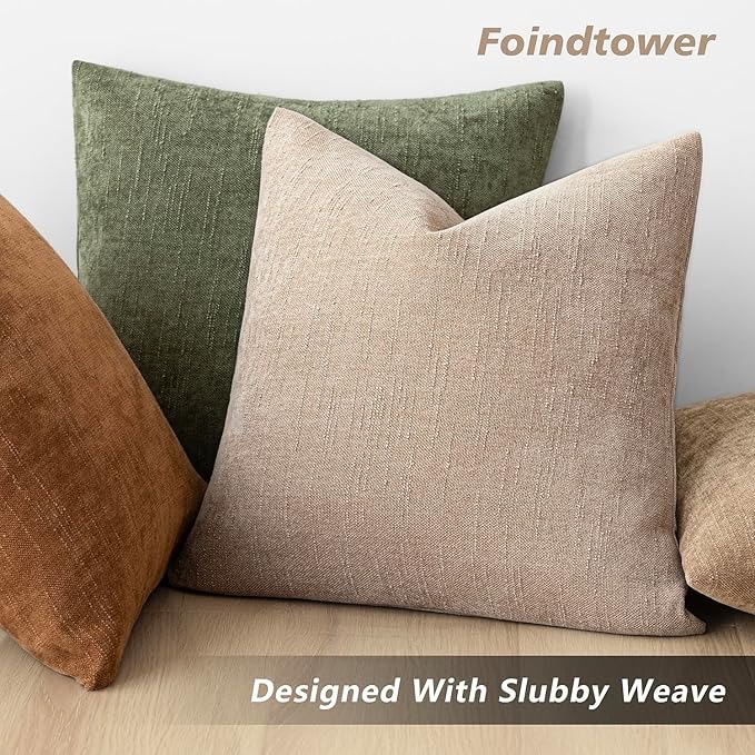 Foindtower Set of 2 Soft Textured Chenille Throw Decorative Pillow Covers Square Accent Solid Cushion Cover Cozy Neutral Farmhouse Pillow Case for Couch Sofa Bedroom Living Room 22x22 Inch,Cream Camel