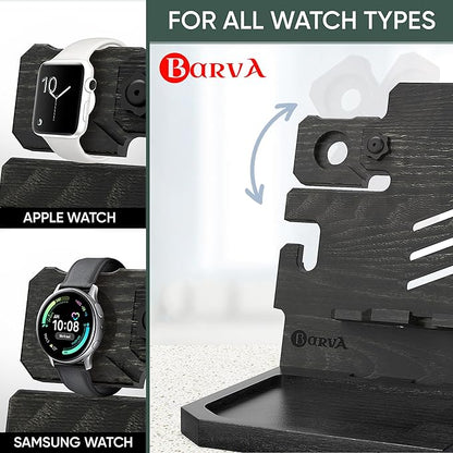 BarvA Phone Docking Station with Patented Adaptive Wood Gun Rack | Night Stand Smart Watch & Phone Stand | Charging Station Desk Organizer | Gun Accessories Storage and Organization