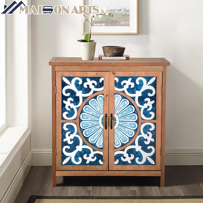 MAISON ARTS Accent Cabinet with 2 Doors, Farmhouse Decorative Storage Cabinets with Solid Wood Frame & Legs Small Sideboard Buffet Cabinet for Living Room Entryway, Blue & White