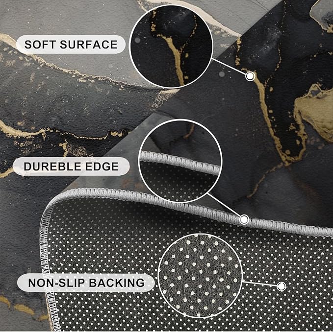 Elegant Black Gold Abstract Marble Design Art Area Rug, Modern Luxury Creativity Print Large Rugs, Machine Washable Breathable Durable Carpet for Room Sofa Living Room Mat Bedroom Decor,5 x 7ft