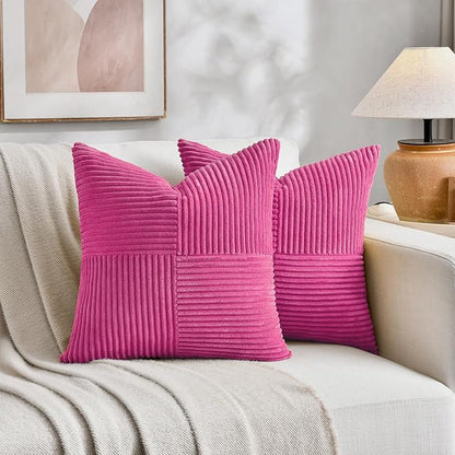 Fancy Homi 2 Packs Hot Pink Decorative Throw Pillow Covers 20x20 Inch for Living Room Couch Bed Sofa, Rustic Farmhouse Boho Home Decor, Soft Corss Corduroy Patchwork Accent Cushion Case 50x50 cm