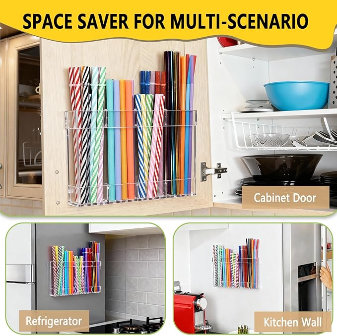 New Upgrade 9.5" Large Acrylic Straw Holder for Cabinet Door-Reusable Tumbler Straw Organizer Storage,Small Kitchen Organizers and Storage Accessories Container,Ultra Sticky Cupboard Door Mounted
