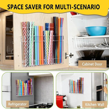 New Upgrade 9.5" Large Acrylic Straw Holder for Cabinet Door-Reusable Tumbler Straw Organizer Storage,Small Kitchen Organizers and Storage Accessories Container,Ultra Sticky Cupboard Door Mounted
