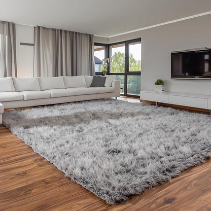 Gray Faux Fur Shaggy Rug - Oversized 6ft x 9ft Super Soft Living Room Carpet - Gray Decor for Bedroom