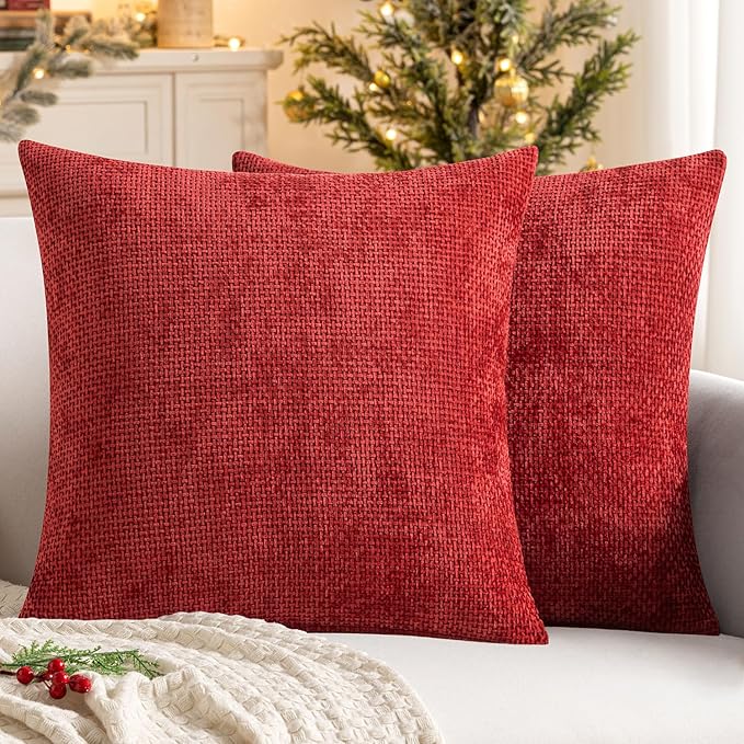 MIULEE Pack of 2 Christmas Red Couch Throw Pillow Covers 20x20 Inch Modern Boho Accent Decorative Pillow Covers Soft Chenille Farmhouse Cushion Covers for Home Decor Bed Sofa Living Room