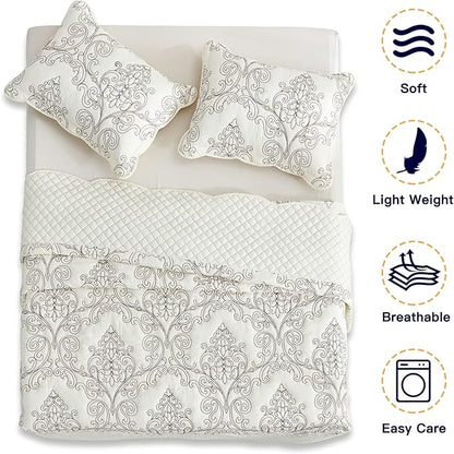 CHIXIN Bedspread Coverlet Set Queen Size - Lightweight Bedding Cover - Beautiful Stitching - 5 Piece Reversible Bedspread - Luxury Damask Paisley Pattern (Queen, Ivory)