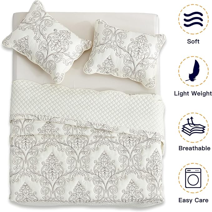 CHIXIN Oversized King Bedspread 128x120 Extra Wide - Lightweight Bedding Cover - Beautiful Stitching - 5 Piece Reversible Bedspread - Luxury Damask Paisley Pattern (King/Cal King, Ivory)