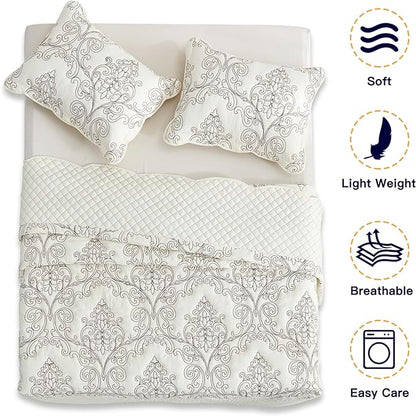 CHIXIN Oversized King Bedspread 128x120 Extra Wide - Lightweight Bedding Cover - Beautiful Stitching - 5 Piece Reversible Bedspread - Luxury Damask Paisley Pattern (King/Cal King, Ivory)