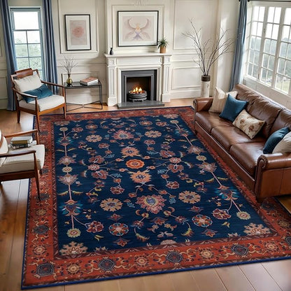 Tangsoo Floral Area Rug 6x9 Machine Washable Red Blue Rug Non-Slip Vintage Distressed Boho Print, Low Pile Carpet for Living Room, Bedroom, Dining Room, Pet & Child Friendly (Red Blue)