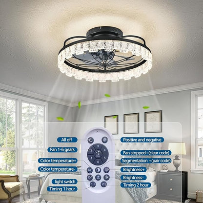 Matte Black Ceiling Fan with Light, Farmhouse Flower Caged Ceiling Fan with Remote, LED Low Profile Ceiling Light for Bedroom Kitchen Living Room