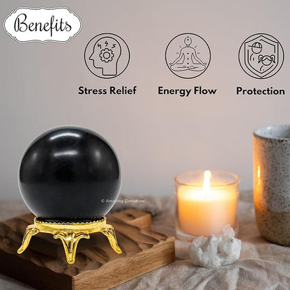 Amazing Gemstone Shungite Crystal Ball with Stand - 1.5 Inches Crystal Sphere Meditation Balls for Witchcraft and Decorative Balls