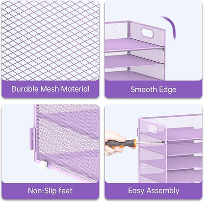 7 Tier Paper Organizer - Mesh Desktop File Holder with Handles for Office School Desk, Black (Purple)