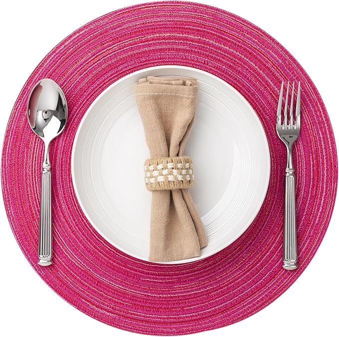 Round Placemats Set of 6 Woven Placemats Washable Braided Table Mats for Dining Table Heat Resistant Non-Slip Circle Place Mats(Pink)