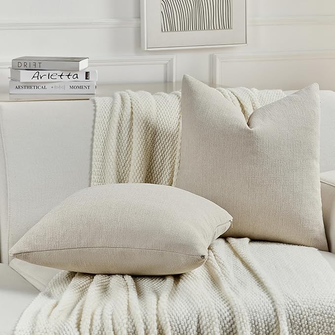 FUTEI Beige Chenille Decorative Throw Pillow Covers 24x24 Inch Set of 2,Soft Cozy Faux Linen Textured European Pillow Shams,Farmhouse Home Decor for Couch Living Room