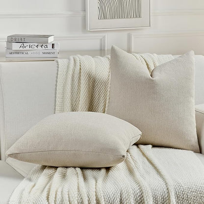 FUTEI Beige Chenille Decorative Throw Pillow Covers 24x24 Inch Set of 2,Soft Cozy Faux Linen Textured European Pillow Shams,Farmhouse Home Decor for Couch Living Room