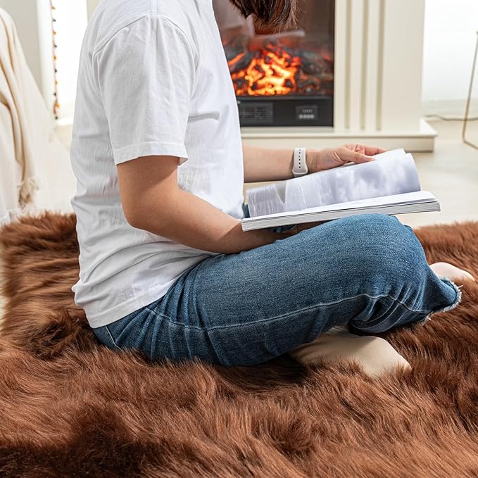 Brown Bear Rug Faux Cowhide Rug Animal Print Area Rug Faux Sheepskin Fur Carpet Decor for Living Room Brown 5.1x6.1 Feet