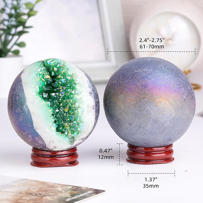 Sportmusies Titanium Coated Rock Crystal Geode Ball with Wooden Stand, Druzy Quartz Stone Cluster Sphere Reiki Home Office Decoration, Green