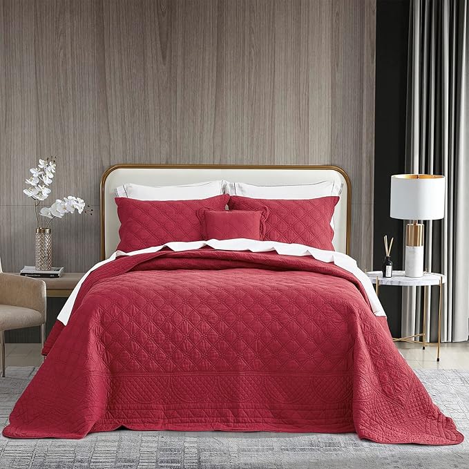 CHIXIN Cotton Bedspread Full Size - Real Stitching - Luxury Quilted Bedding Cover for All Season, Reversible, Ultra Soft, Lightweight, 3 Piece, Burgundy