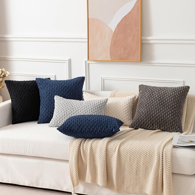 Kevin Textile Pack of 2 Corduroy Decorative Throw Pillow Covers 26x26 Inch Soft Boho Striped Pillow Covers Modern Farmhouse Home Decor for Spring Sofa Living Room Couch Bed Black