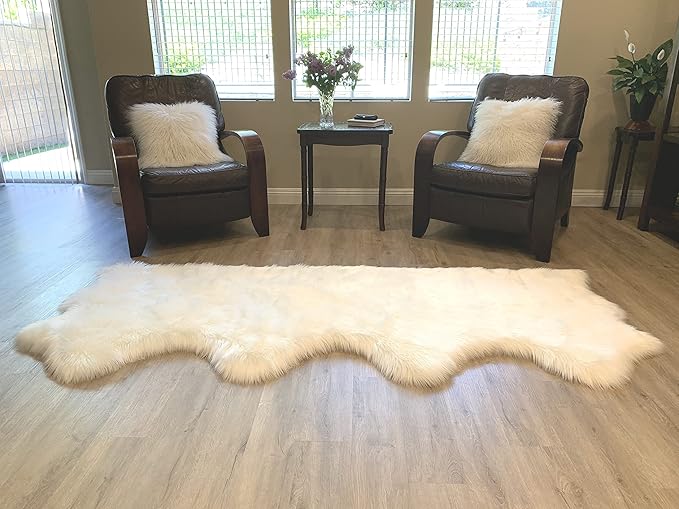 LAMBZY Faux Sheepskin Super Soft Hypoallergenic Silky Shag Rug for Living Room, Kids Room, Sofa (Quarto 4 Pelts Side by Side 3'x8', White)