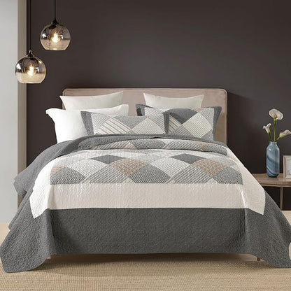 Quilts King Size - King Quilt Bedspread Sets, 100% Cotton Gray Quilt Bedding Set for King Bed, 3 Pcs Farmhouse Reversible Rustic Lightweight Comforter, Dark-Gray/White/Brown