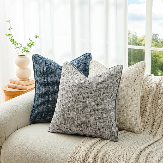 a moment Grey Reversible Pillow Covers 2 Pack - Farmhouse Chenille Throw Pillows, Neutral Textured Decorative Throw Pillow Covers with Border for Couch Sofa Bed (20x20 Inch, No Insert)